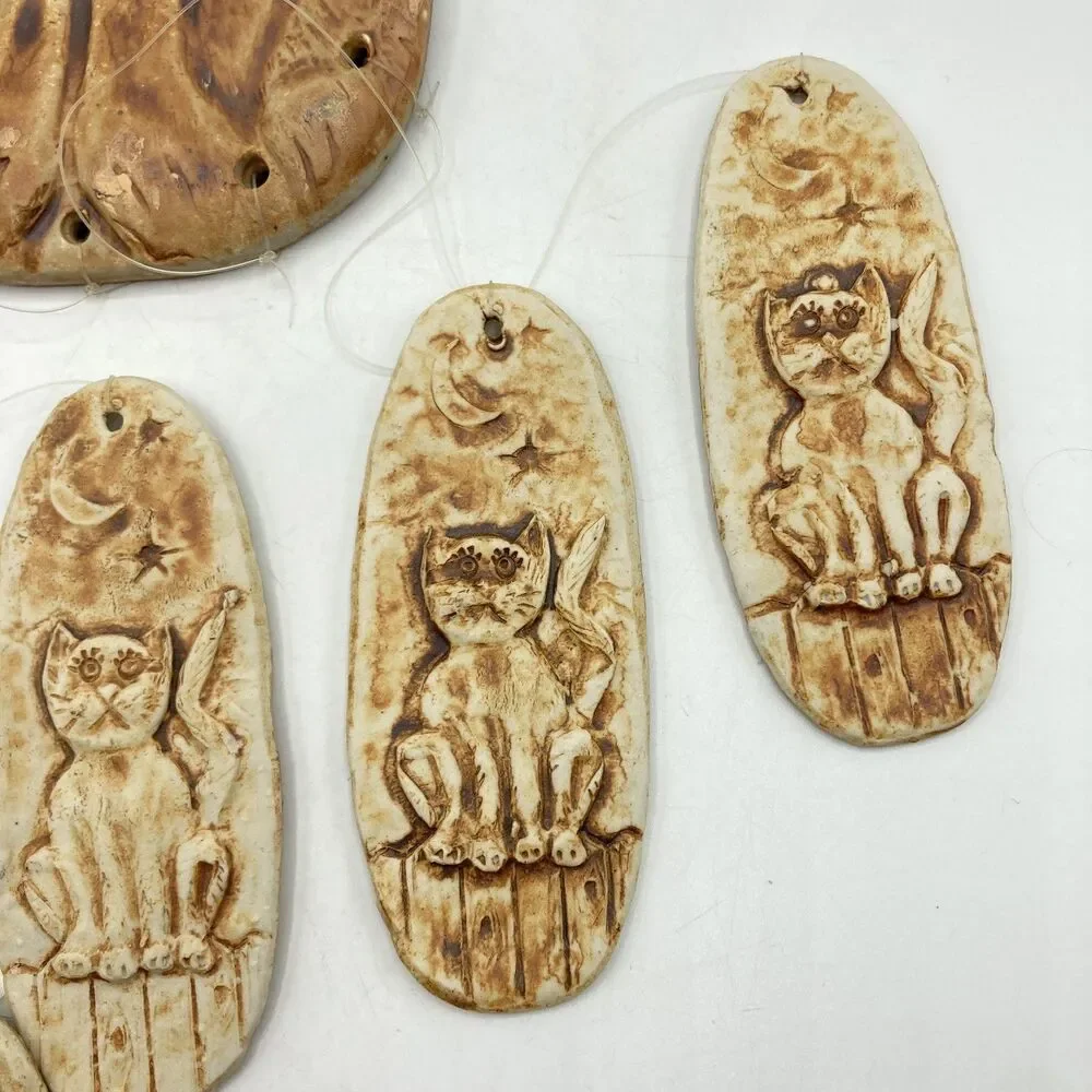 Handmade Art Pottery Cat Kitten Moon Wind Chime Wall Hanging Folk Art Stamped